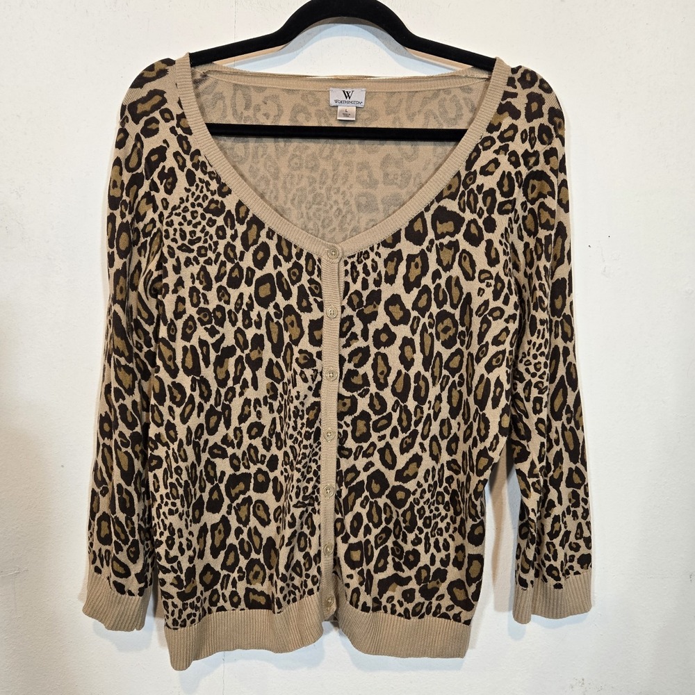 Worthington Leopard Print Cardigan Scoop Neckline Size Large